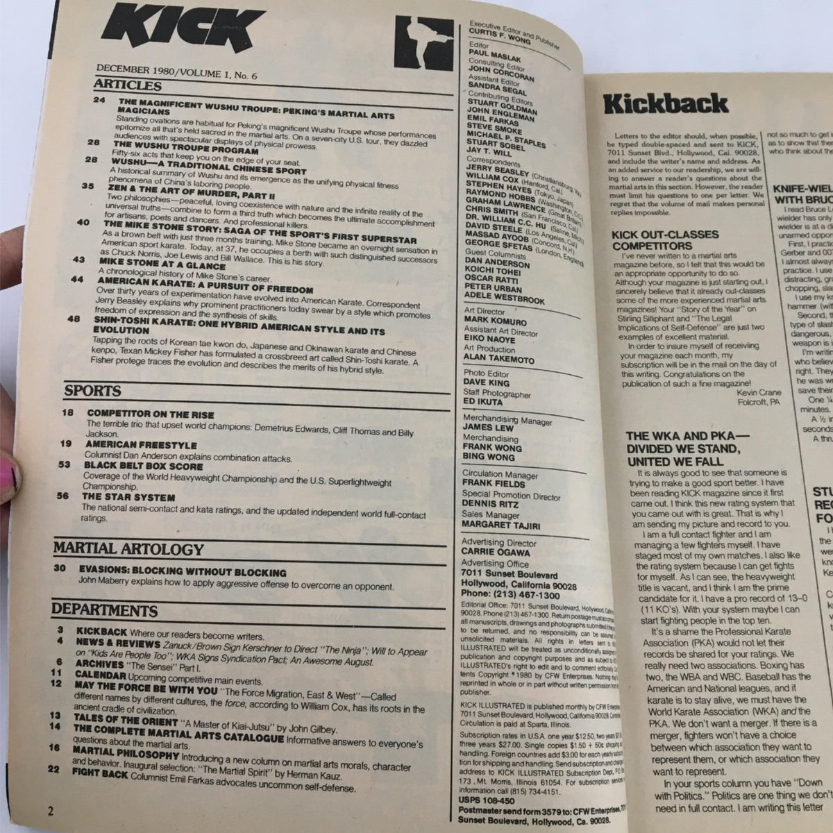 Interior page of Kick Illustrated Magazine December 1980 highlighting articles and sections related to martial arts and skate culture.