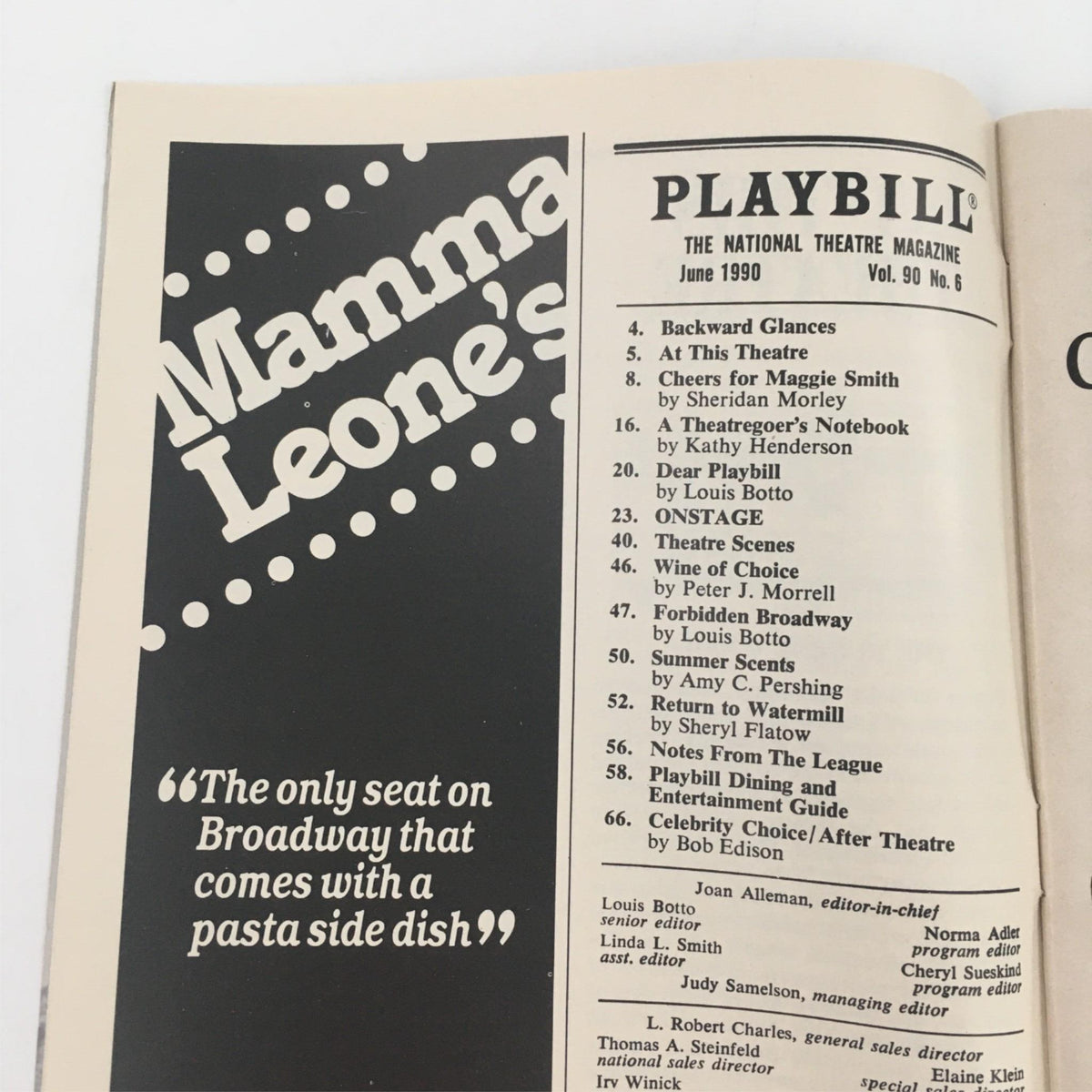 Inside page of the 1990 Playbill for Tennessee Williams' Cat On A Hot Tin Roof, highlighting the contents and features of the magazine including Mamma Leone’s listing.