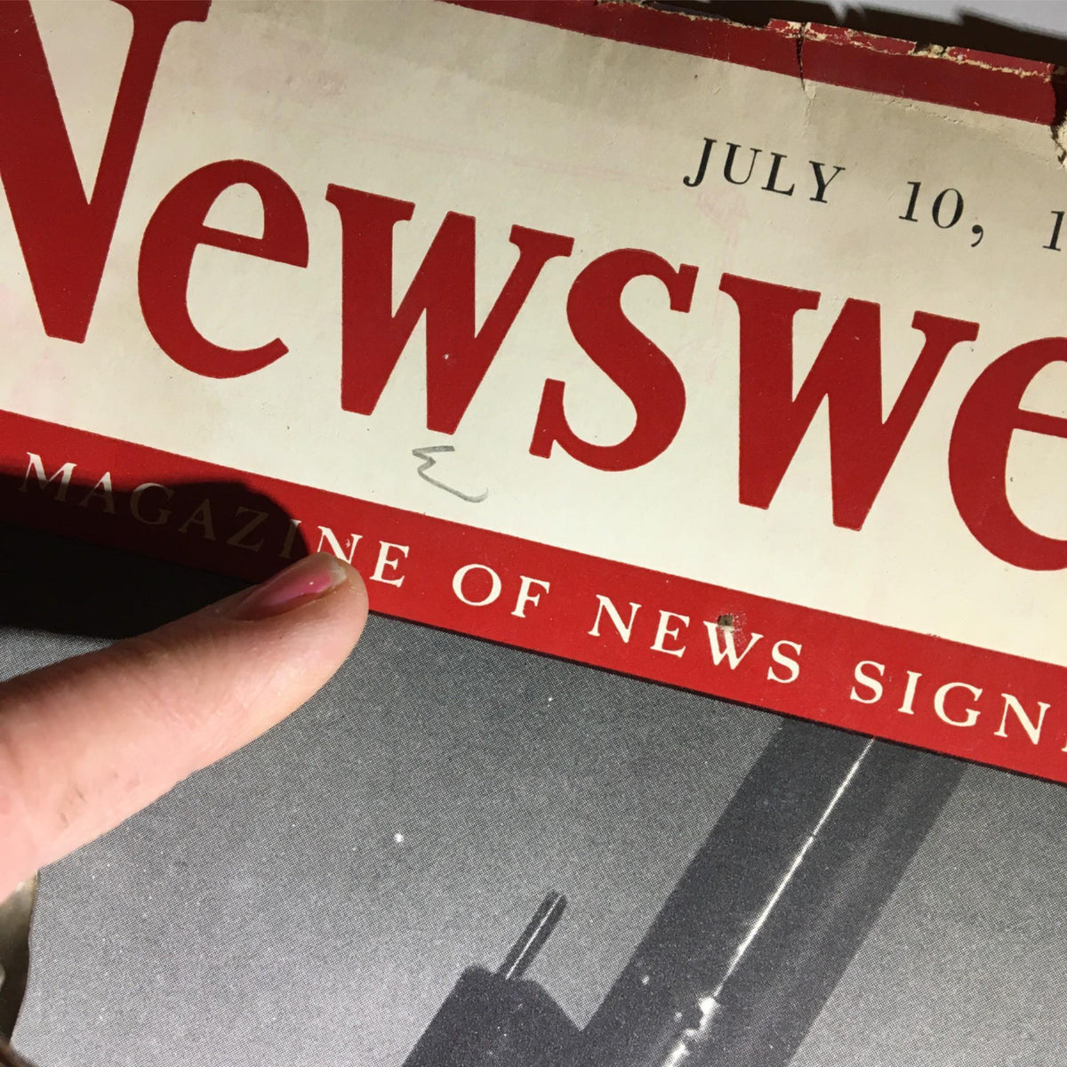 Close-up of the title 'Newsweek' on the July 10, 1939 magazine cover, featuring signs of age and wear.