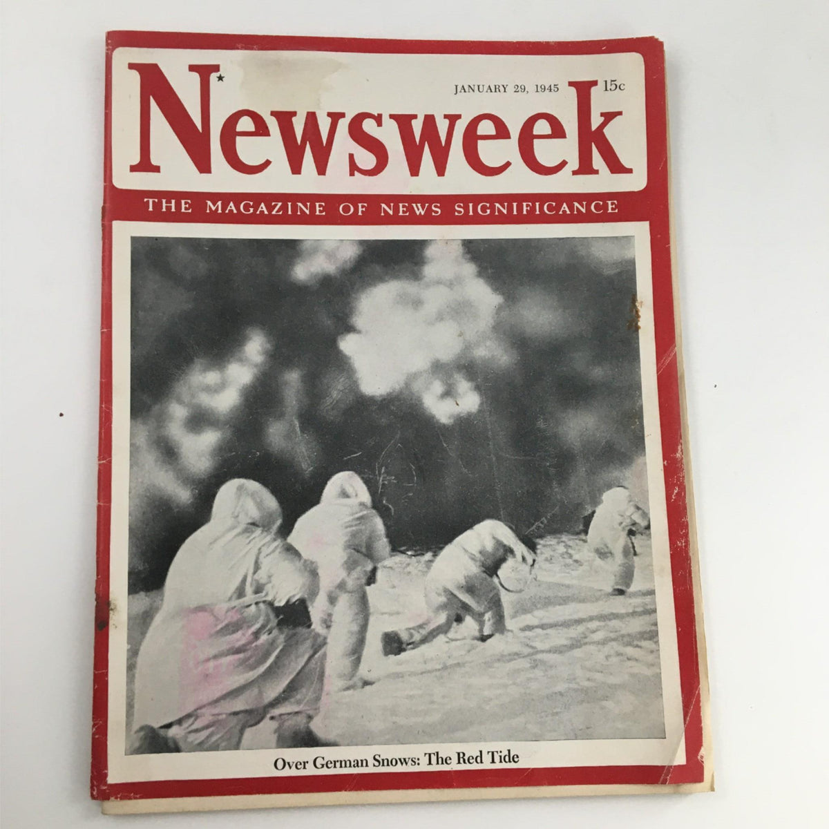 Cover of Newsweek Magazine from January 29, 1945, titled 'Over German Snows: The Red Tide' featuring soldiers in snowy terrain.