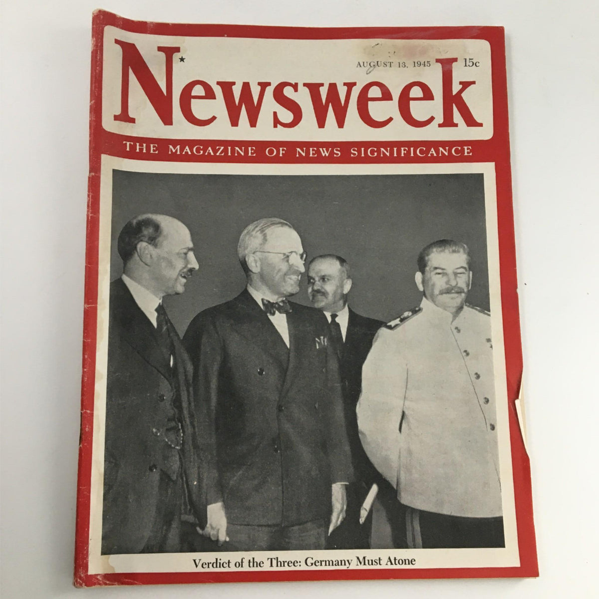 Cover of Newsweek Magazine, August 13, 1945, titled 'Verdict of the Three: Germany Must Atone', featuring historical figures discussing post-war accountability in a notable photograph.
