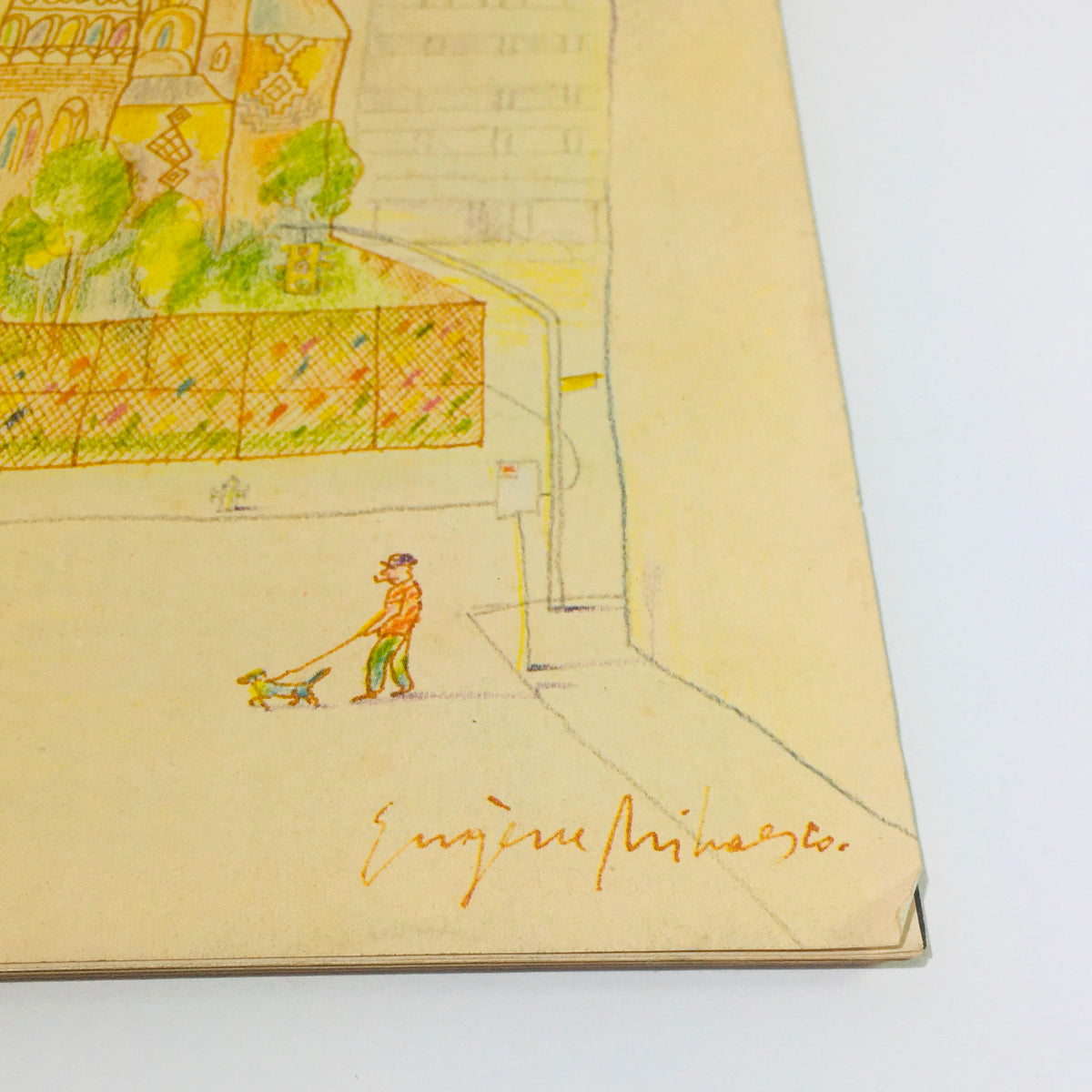 Close-up view of The New Yorker August 10 1981 Magazine Cover by Eugene Mihaesco showing a man walking a dog in front of an illustrated building.