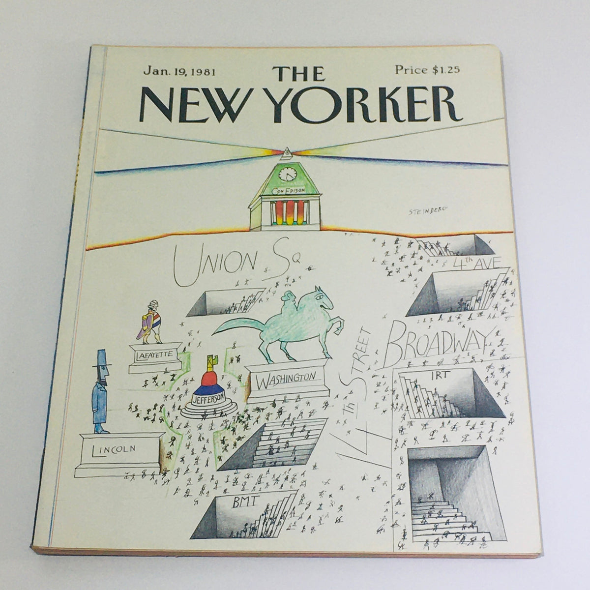 Cover of The New Yorker dated January 19, 1981, featuring artwork by Saul Steinberg depicting Union Square with illustrations of historical figures and landmarks, showcasing the artistic and cultural essence of the early 80s.