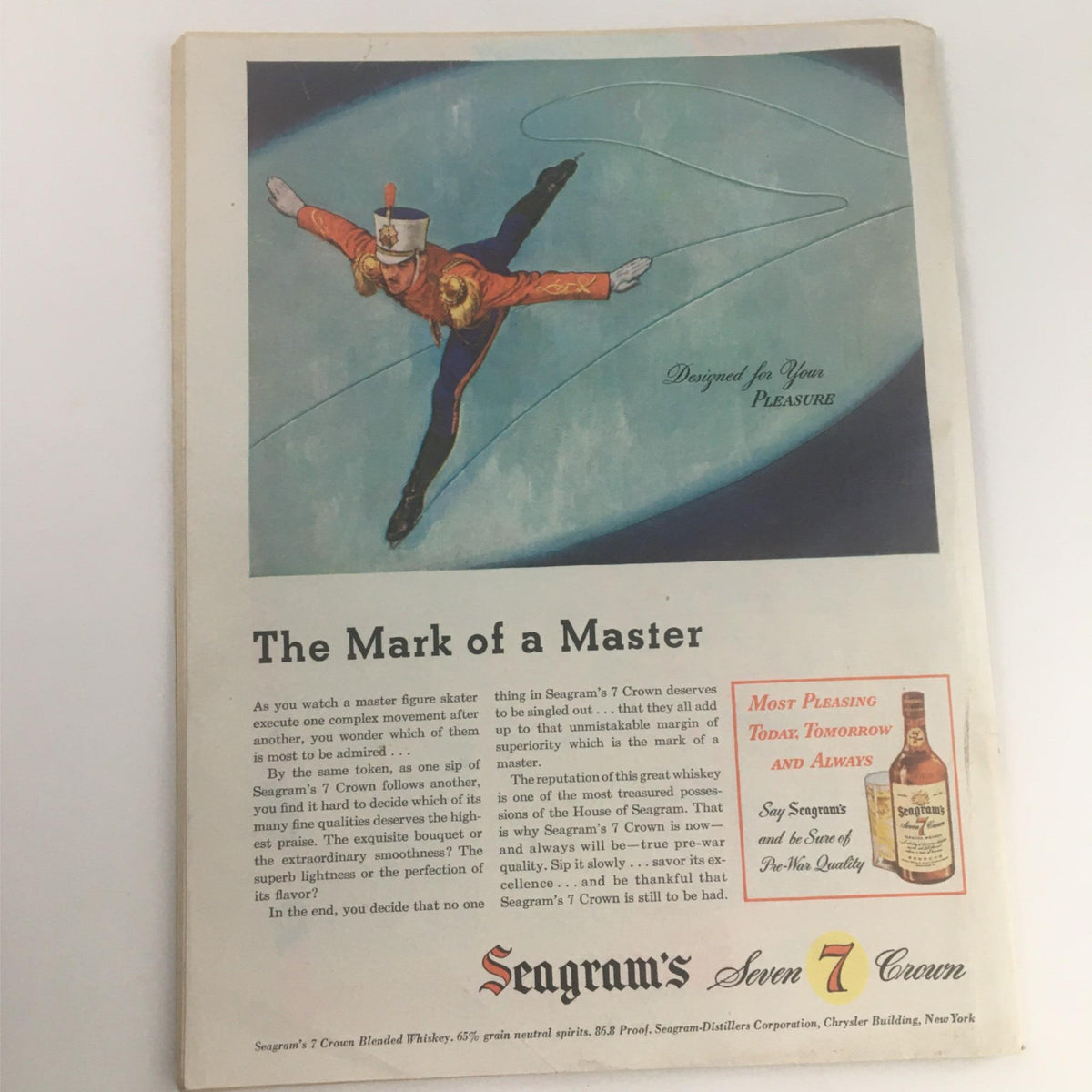 Back cover of Newsweek Magazine January 15, 1945, featuring an advertisement for Seagram's Seven Crown whiskey, showcasing a figure skater in a vibrant performance pose, emphasizing the theme 'The Mark of a Master' related to expertise and quality.