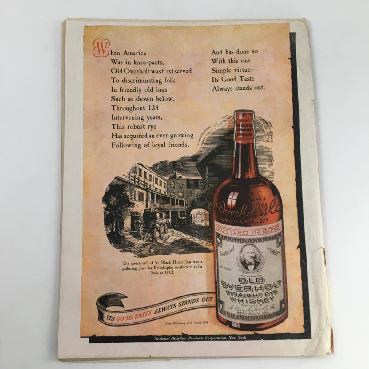 Back cover of Newsweek Magazine from October 30, 1944 featuring an advertisement for Old Overholt rye whiskey, showcasing historical imagery and branding related to American inns and whiskey production.