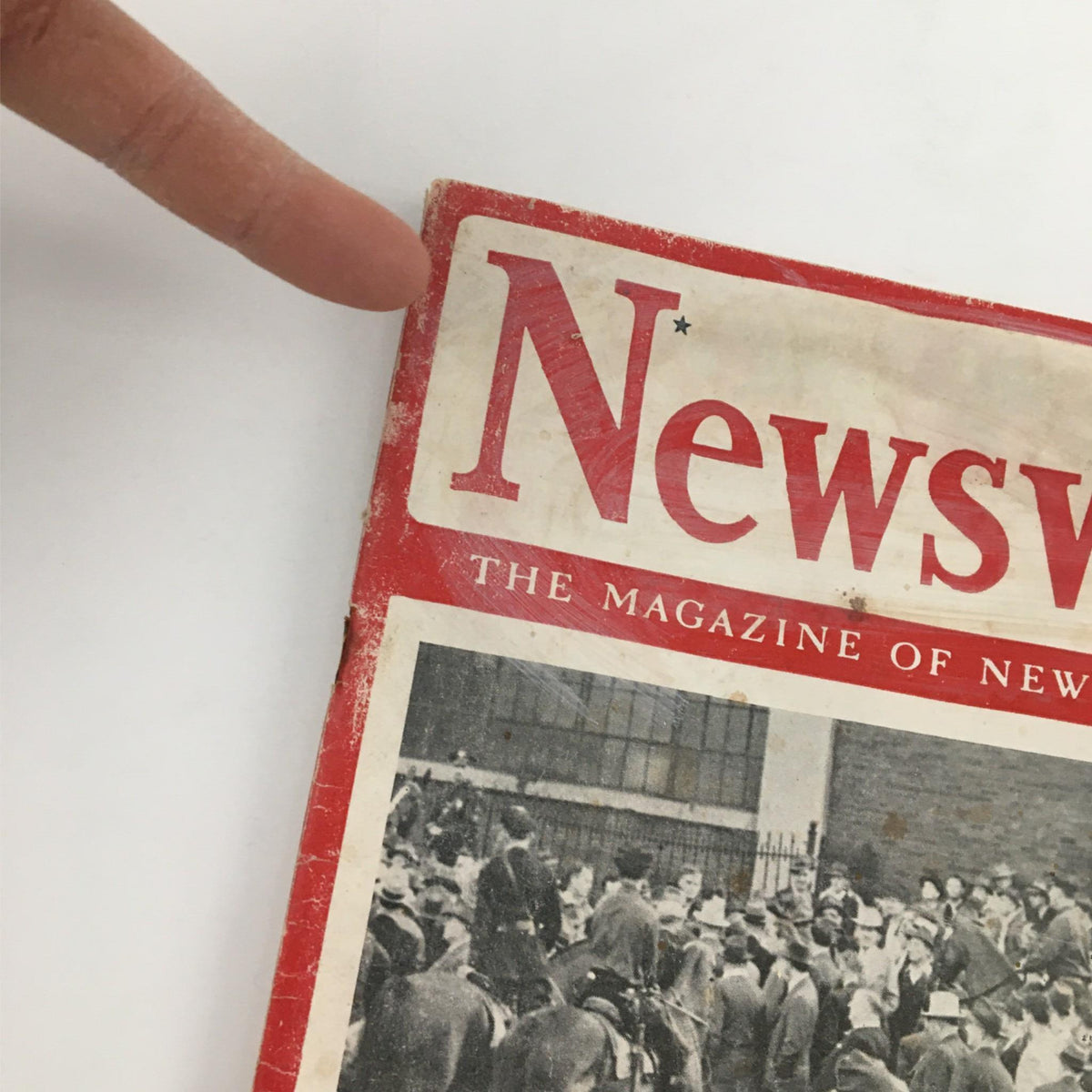 Close-up of the Newsweek Magazine October 8, 1945 cover showing the title 'Waiting for Trouble: The Strike Tension Mounts' with focus on the magazine's aged condition and Western imagery.