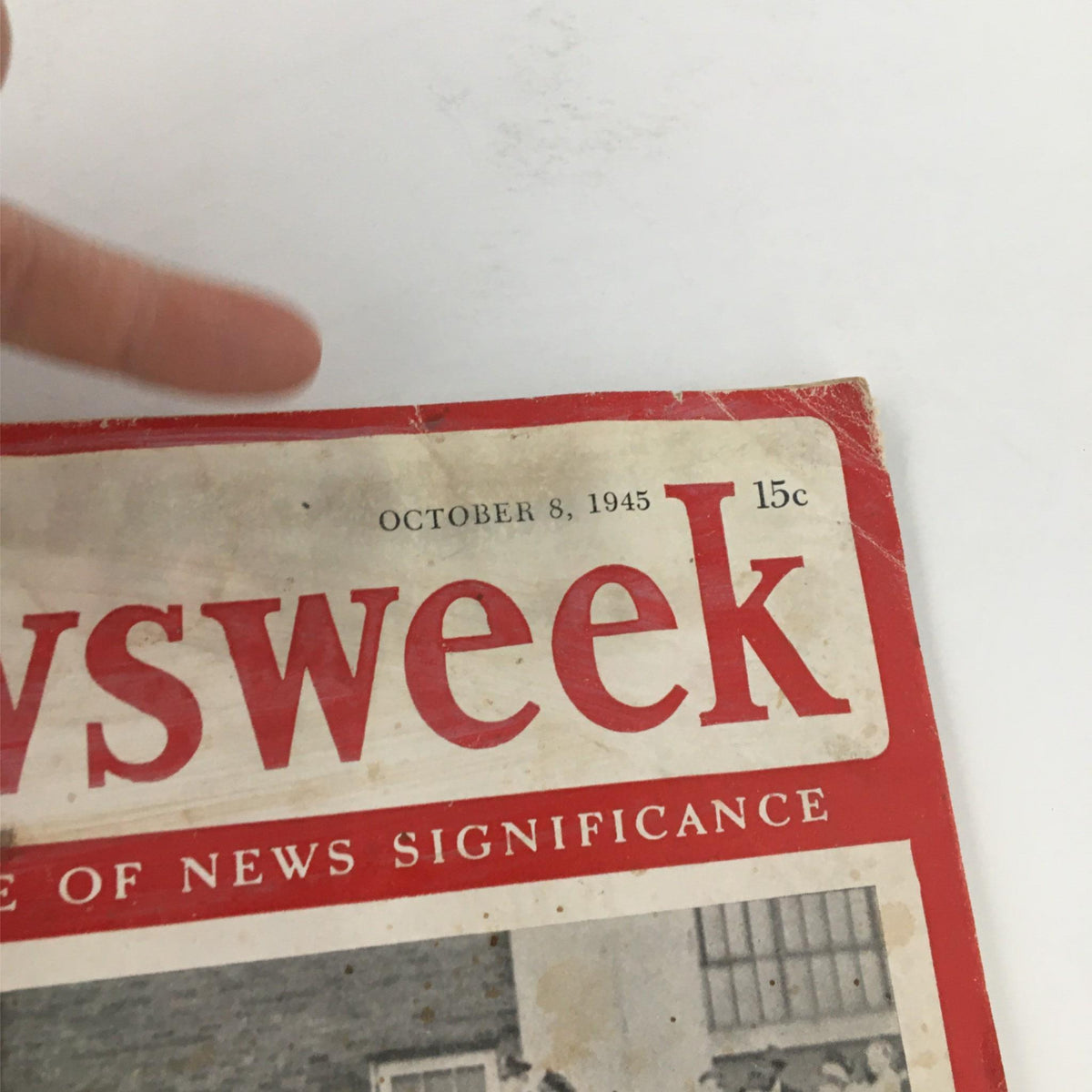 Top view of the Newsweek Magazine dated October 8, 1945, featuring the title 'Waiting for Trouble: The Strike Tension Mounts' highlighting publication details and vintage characteristics.