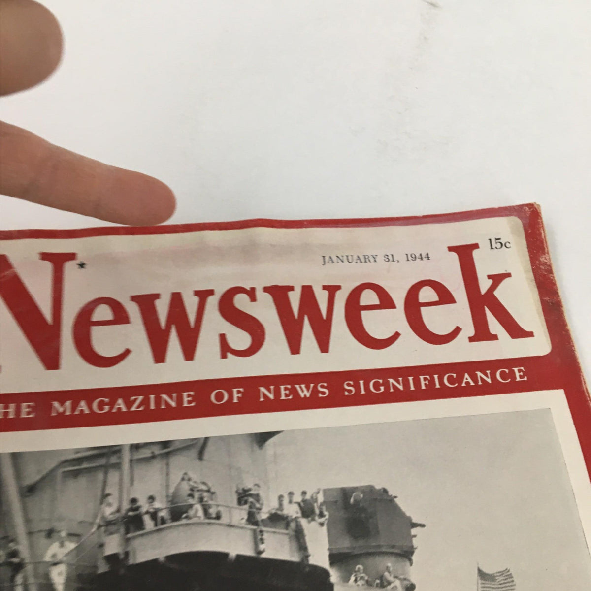 Close-up view of the cover of Newsweek Magazine dated January 31, 1944, highlighting the title 'Hellcat With A Halo' and vintage design elements.