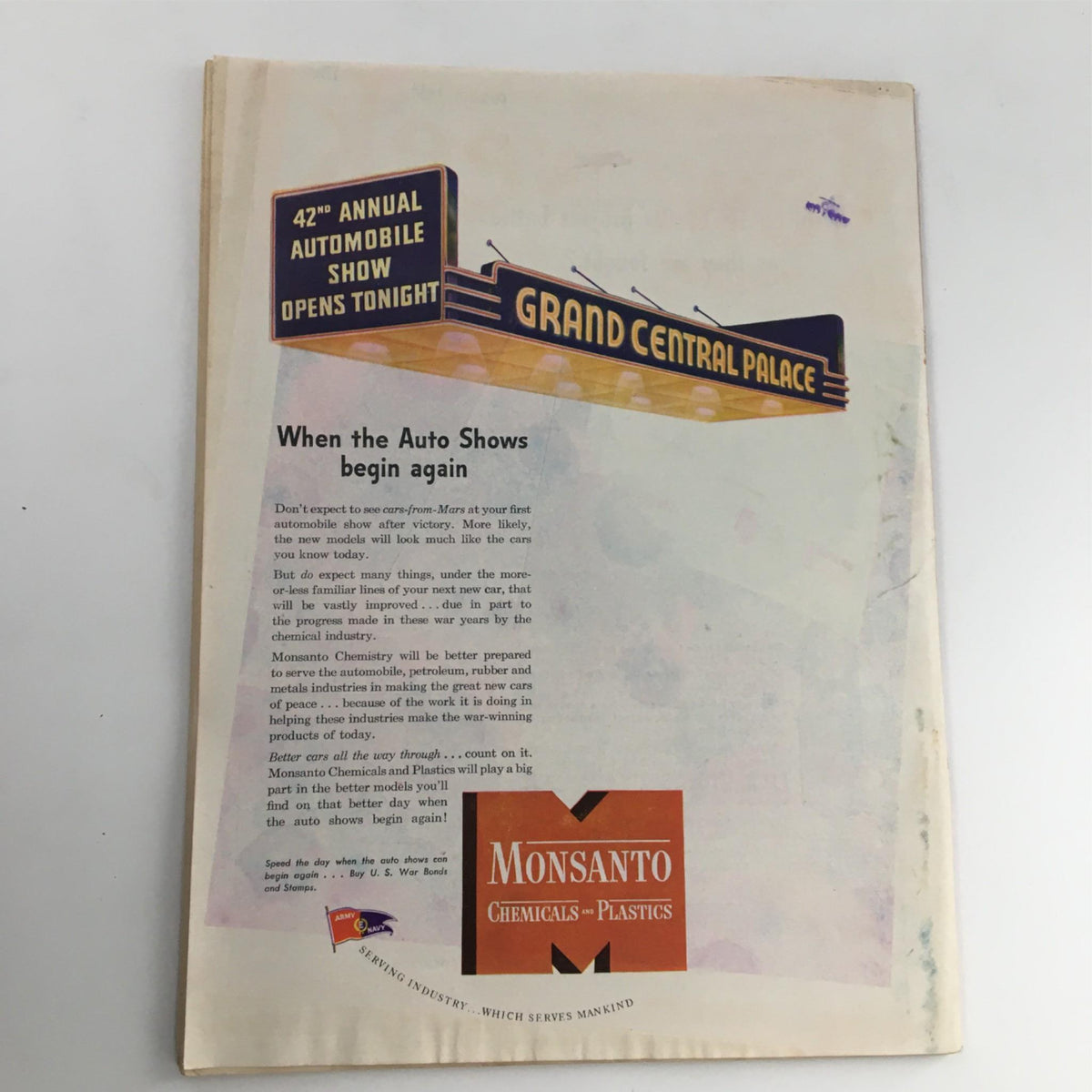 Back cover of the January 31, 1944 issue of Newsweek Magazine, featuring an advertisement for the 42nd Annual Automobile Show and branding of Monsanto Chemicals and Plastics.