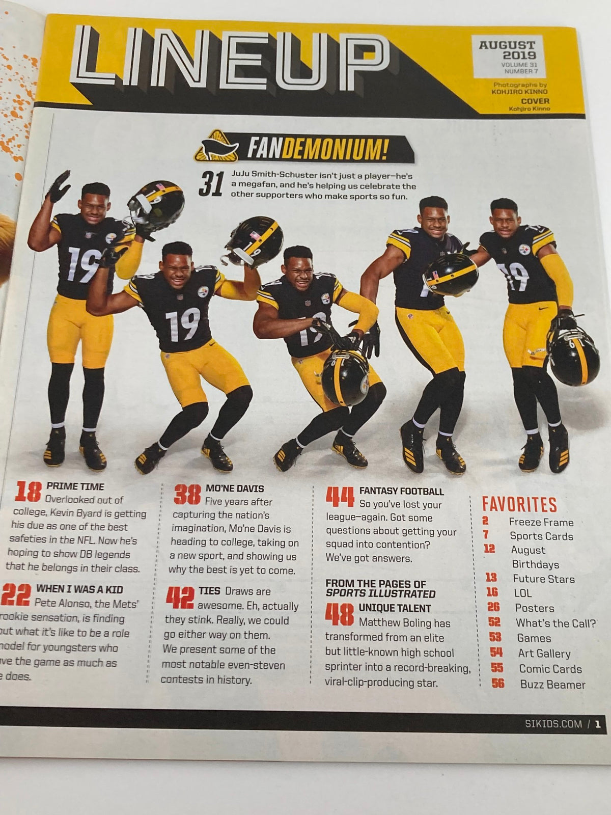 Inside layout of Sports Illustrated Kids Magazine August 2019 Vol 31 #7 showcasing Juju Smith-Schuster and teammates in football gear, highlighting sports fan enthusiasm.