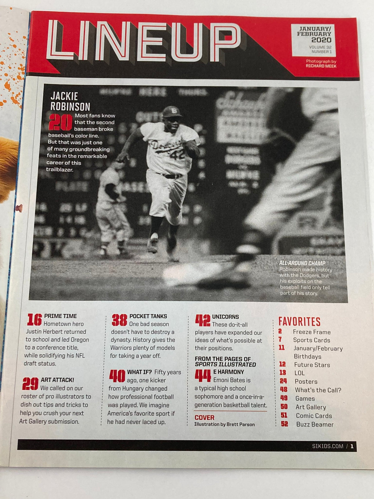 Image from Sports Illustrated Kids Magazine January 2020 Vol 32 #1 featuring a layout titled 'LINEUP' showcasing baseball legend Jackie Robinson, highlighting key features and statistics relevant to young sports fans.