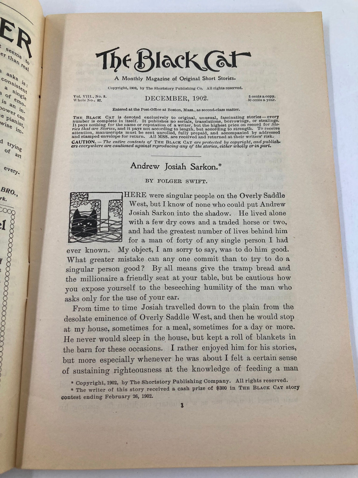 VTG The Black Cat Magazine December 1902 featuring text from the story by Yolger Swift, showcasing the magazine's vintage typography and layout.