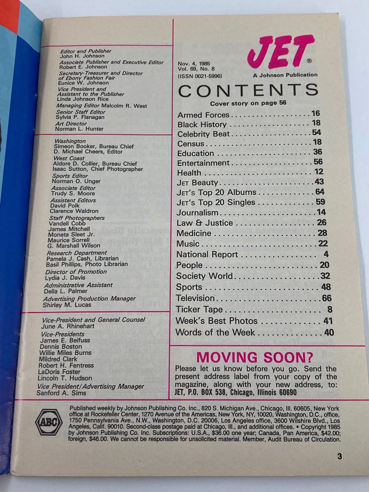 Contents page of VTG Jet Magazine November 4 1985 Vol 69 #8, detailing articles on various topics including entertainment, health, and notable features of the magazine.