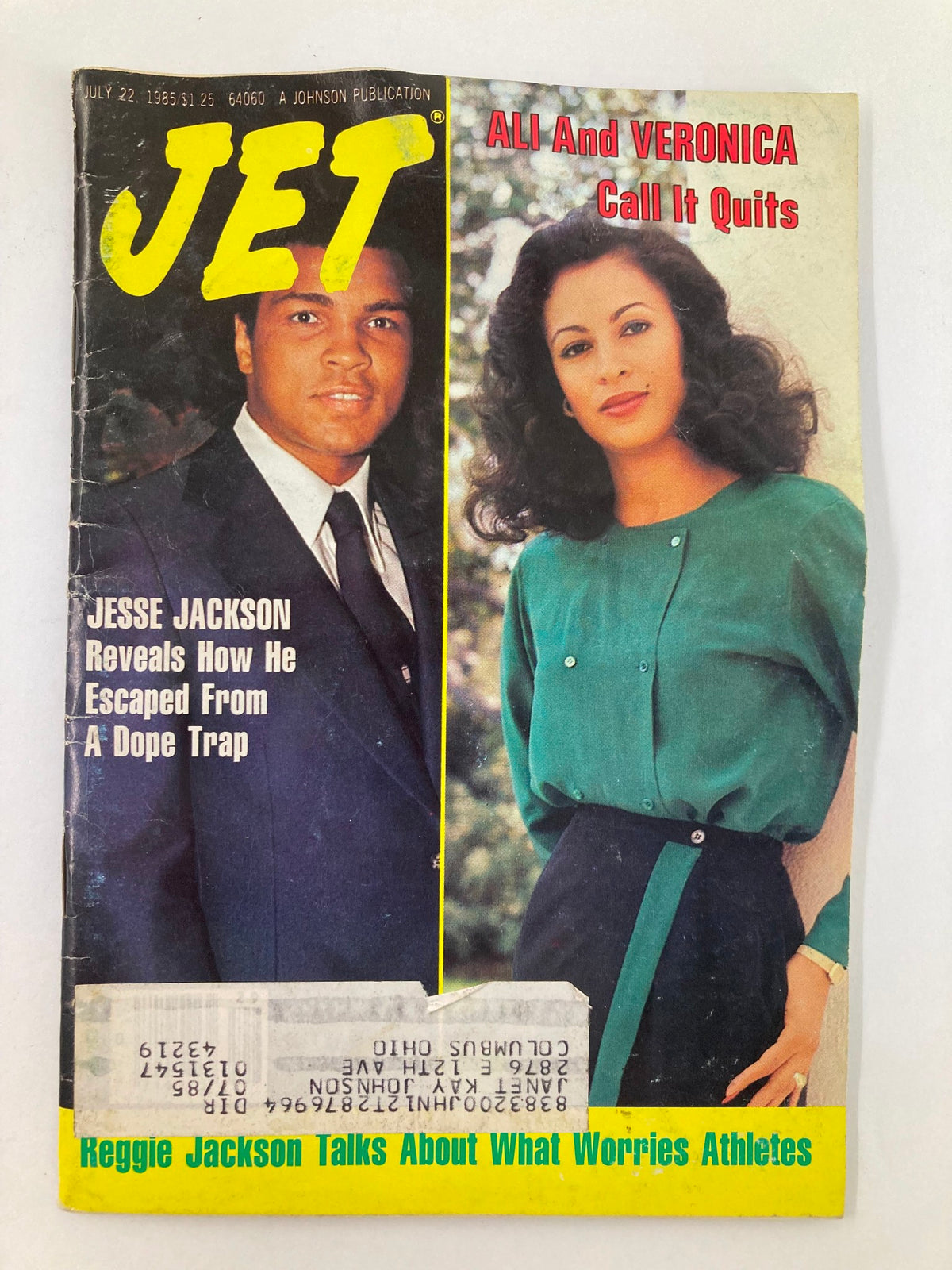 Cover of VTG Jet Magazine July 22 1985 Vol 68 #19 featuring Muhammad Ali and Veronica, discussing their relationship and featuring the tagline 'Call It Quits'.