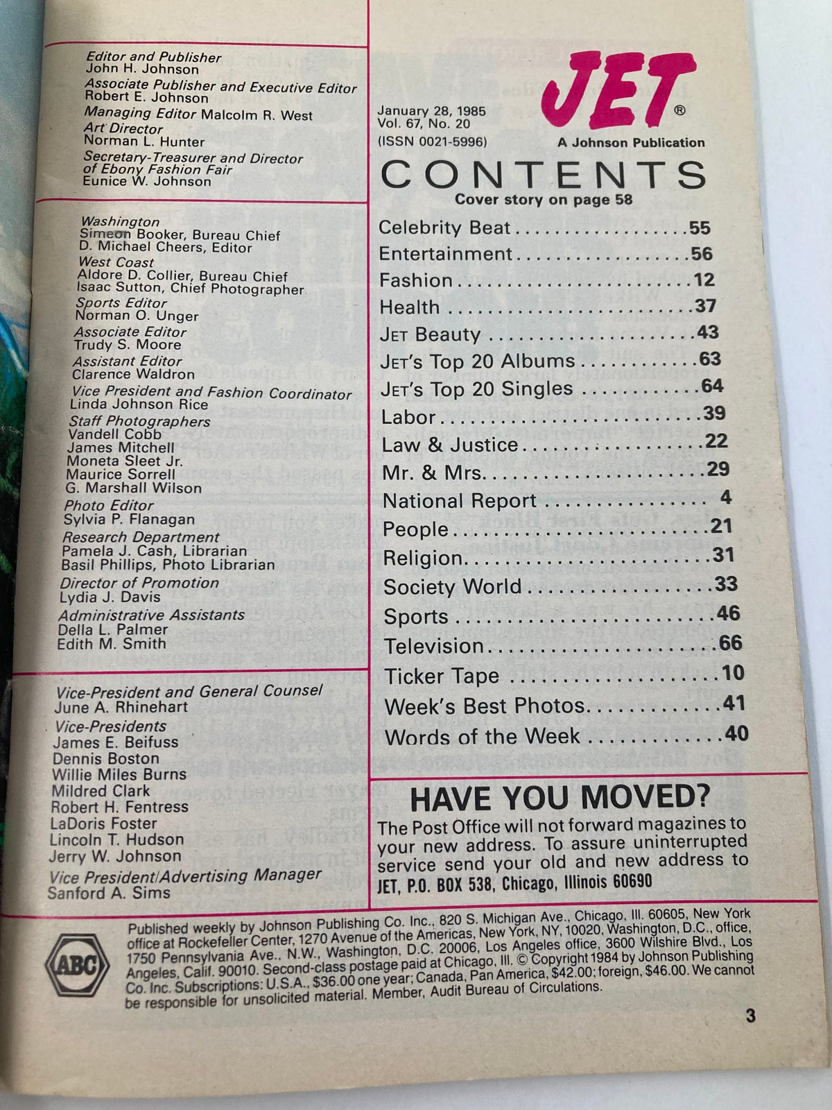 Contents page of VTG Jet Magazine January 28, 1985, showcasing articles related to entertainment, health, and culture, and published by Johnson Publishing.