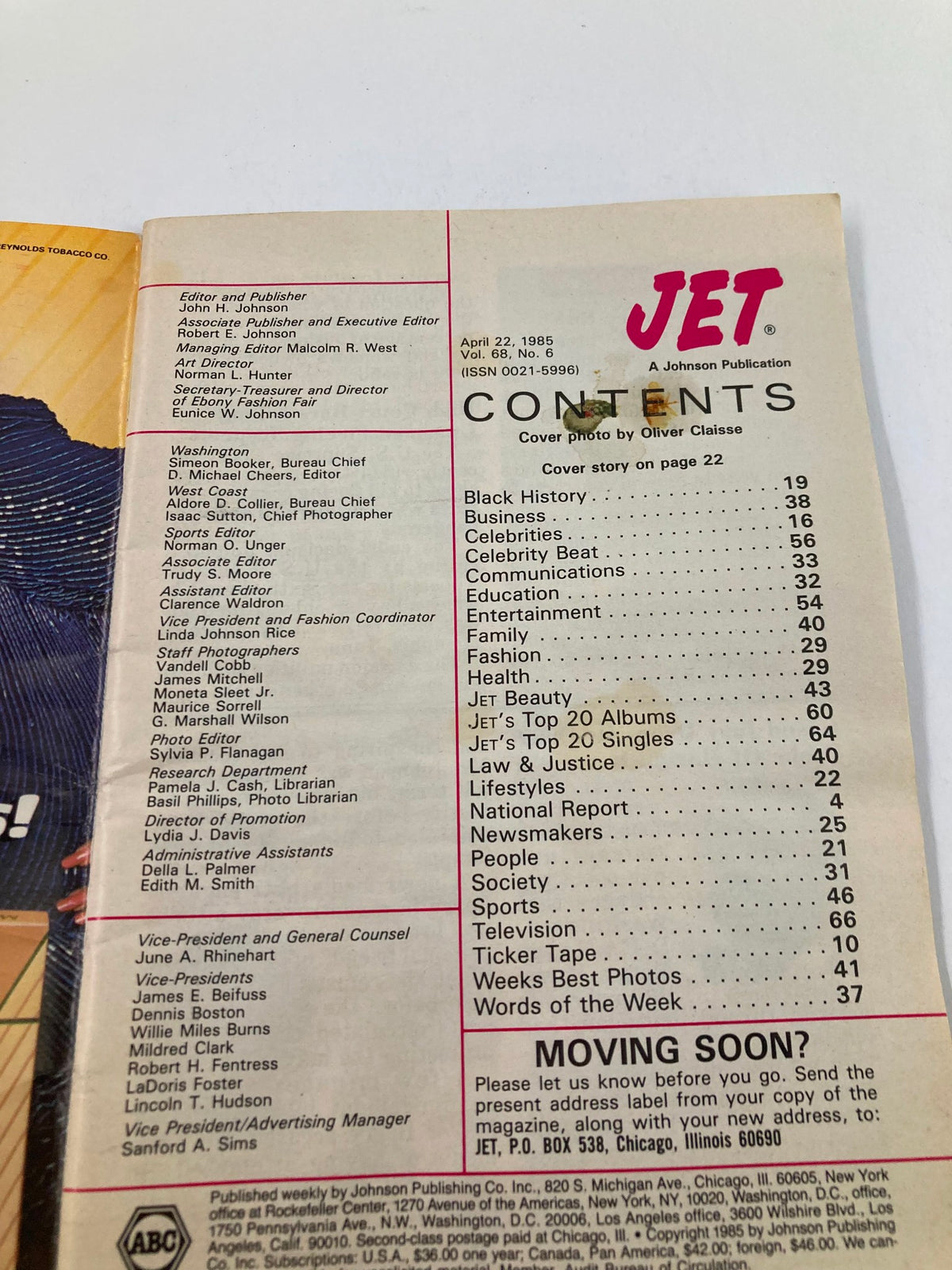 Contents page of VTG Jet Magazine April 22 1985, Vol 68 #6 featuring Veronica Ali's successful debut in Paris, showing article titles and editorial credits.
