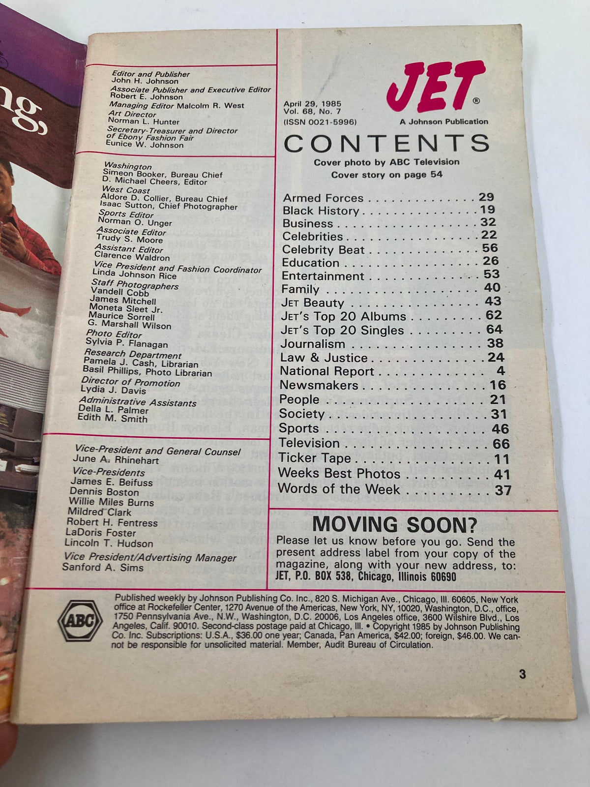 Contents page of VTG Jet Magazine April 29 1985 Vol 68 #7, detailing articles and features including black history and celebrity news.