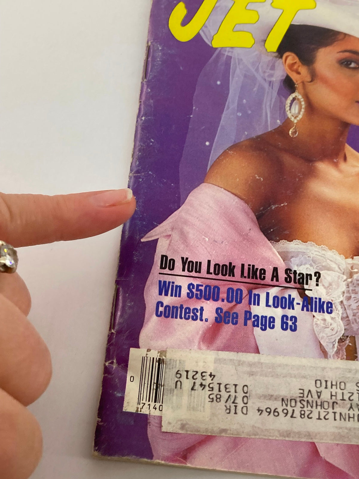 Close-up view of the VTG Jet Magazine March 25, 1985, featuring the contest announcement and Vanity on the cover.