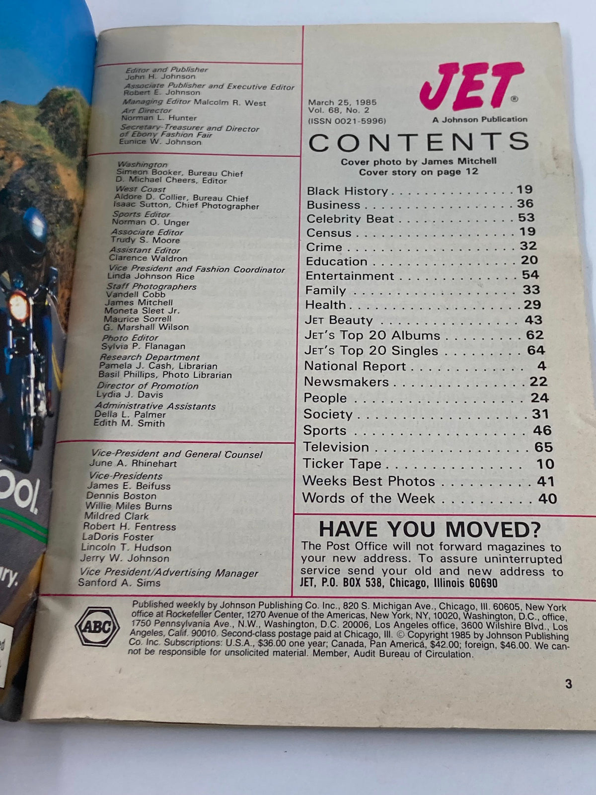 Interior contents page of the VTG Jet Magazine March 25, 1985, outlining features such as celebrity news and music charts.