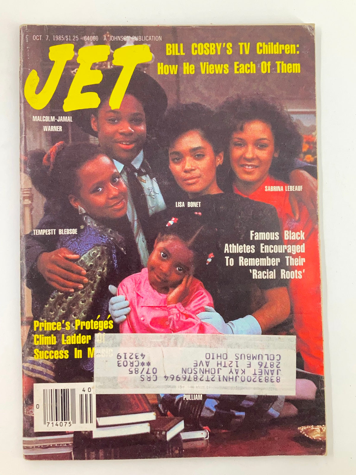 VTG Jet Magazine October 7 1985 Vol 69 #4 featuring Lisa Bonet and Sabrina Lebeauf on the cover, showcasing Bill Cosby's TV children with articles on famous black athletes and cultural heritage.