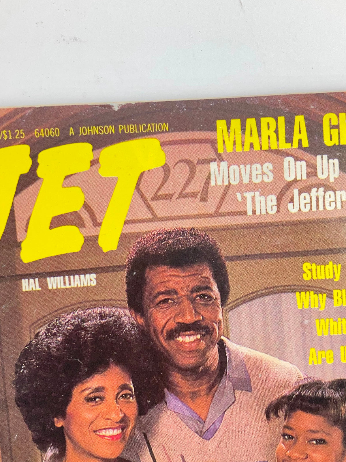Close-up image of the cover of VTG Jet Magazine September 30 1985 Vol 69 #3, showcasing Hal Williams and Marla Gibbs with bold headlines and the magazine's unique design.