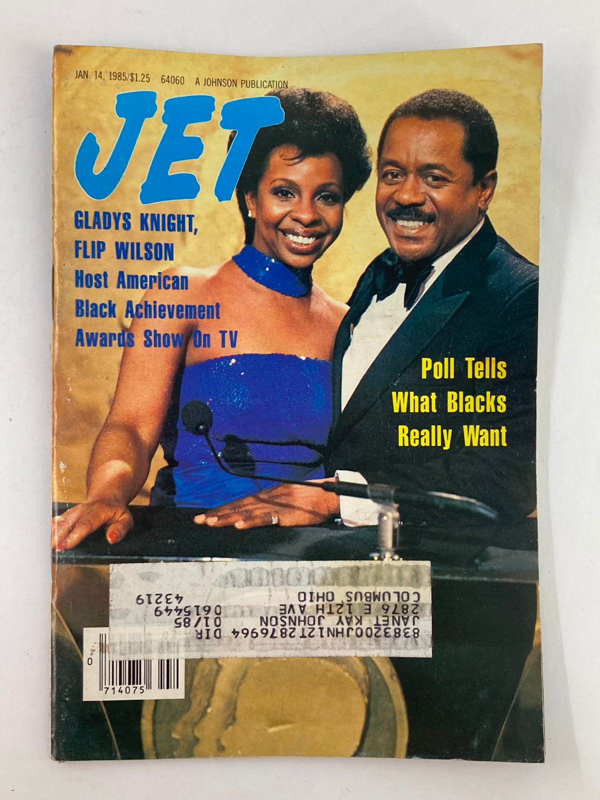 VTG Jet Magazine January 14 1985 Vol 67 #18 featuring Gladys Knight and Flip Wilson on the cover, showcasing their appearance as hosts of the American Black Achievement Awards, with details about poll results concerning Black Americans.