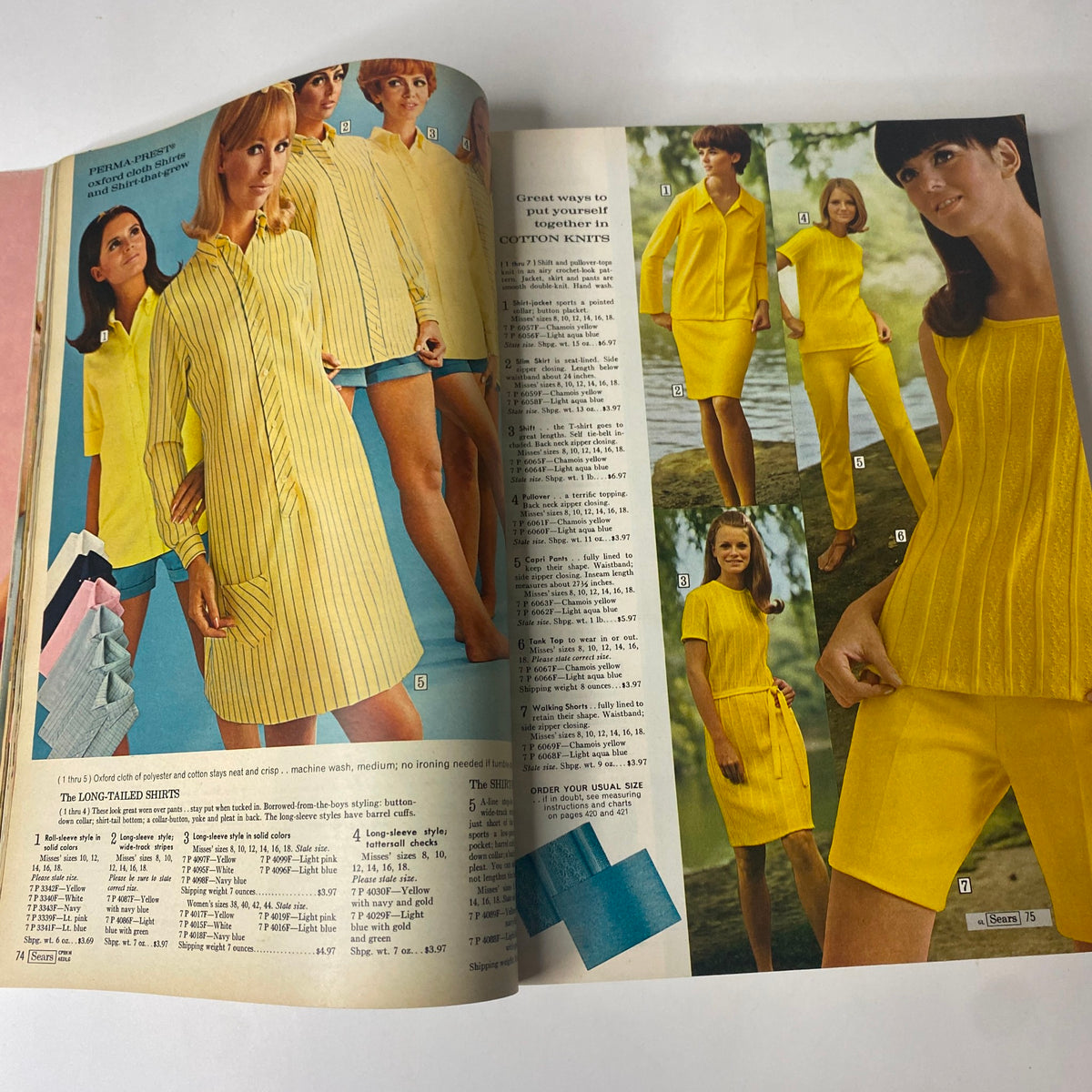 1968 Sears Spring Through Summer Catalog displaying stylish yellow cotton knit dresses and coordinating outfits for women.