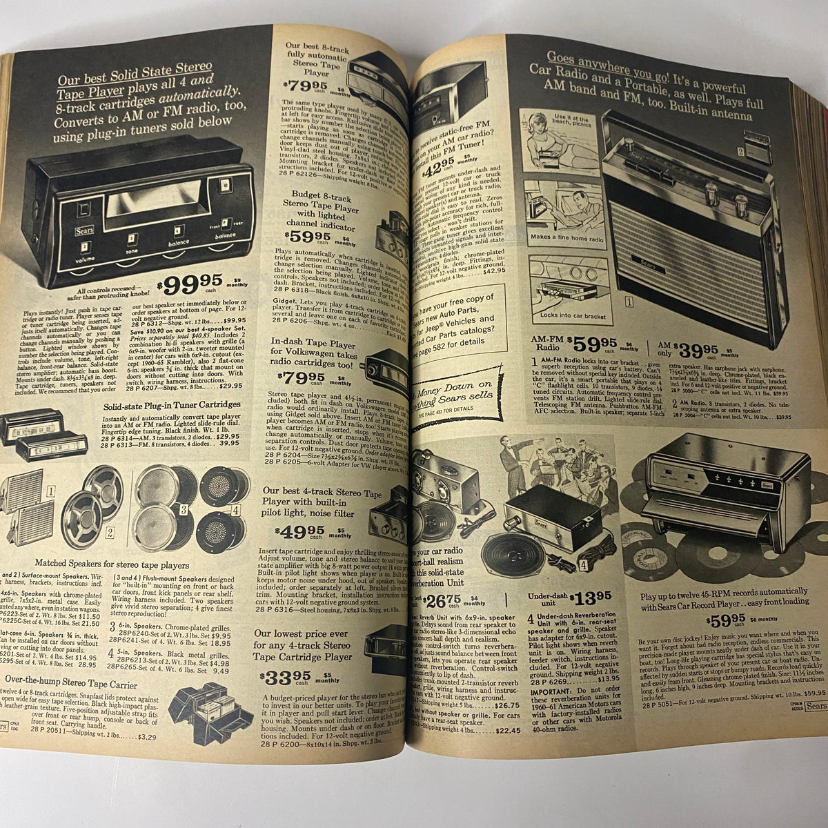1968 Sears Spring Through Summer Catalog featuring solid-state stereo tape players and portable AM/FM radios with detailed descriptions and prices.