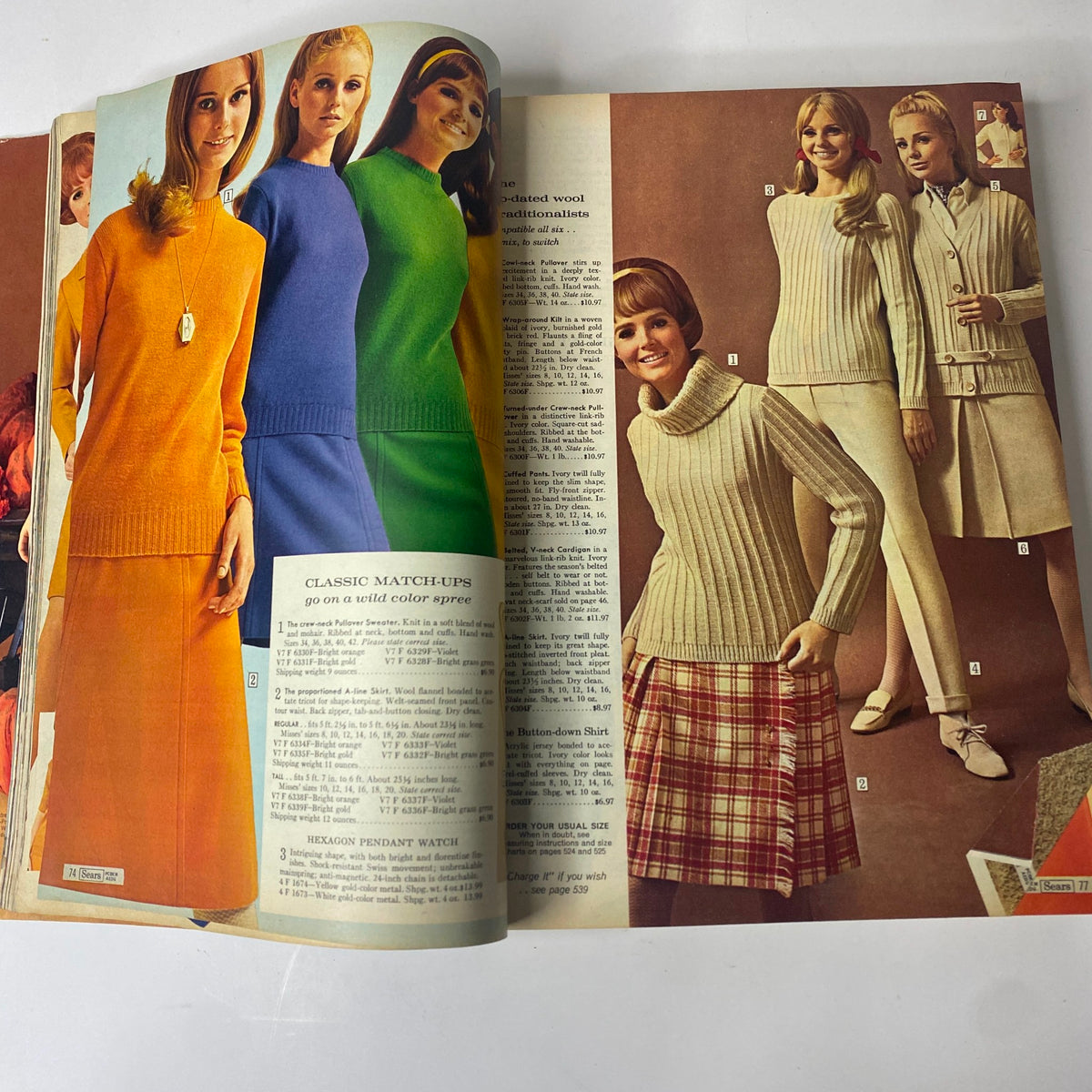 Inside page of the 1967 Sears Fall and Winter Catalog showing women modeling colorful knitwear and cozy sweaters, reflecting the season's trends.