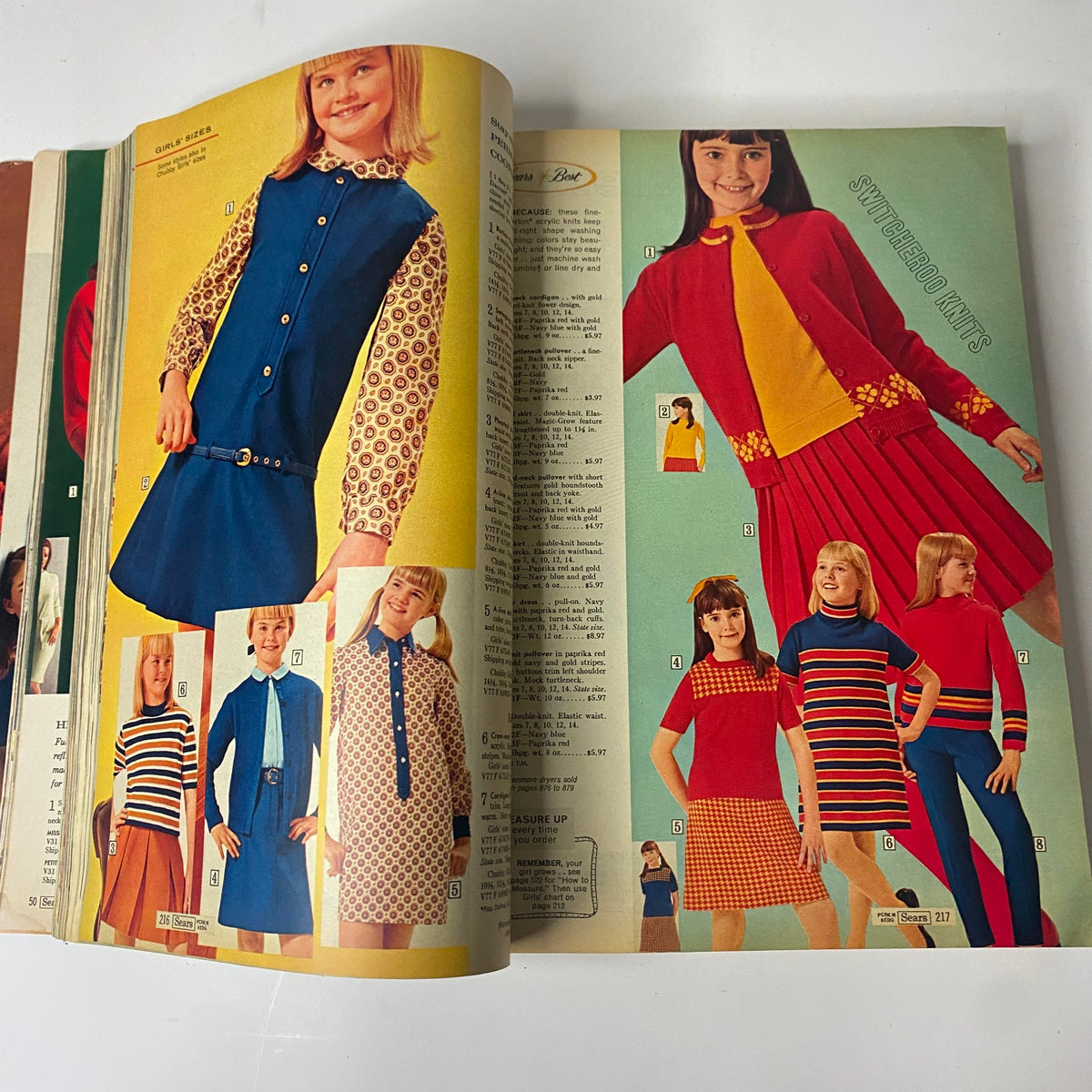 Inside page of the 1967 Sears Fall and Winter Catalog with girls wearing vibrant dresses and coordinating outfits, representing retro children's fashion.