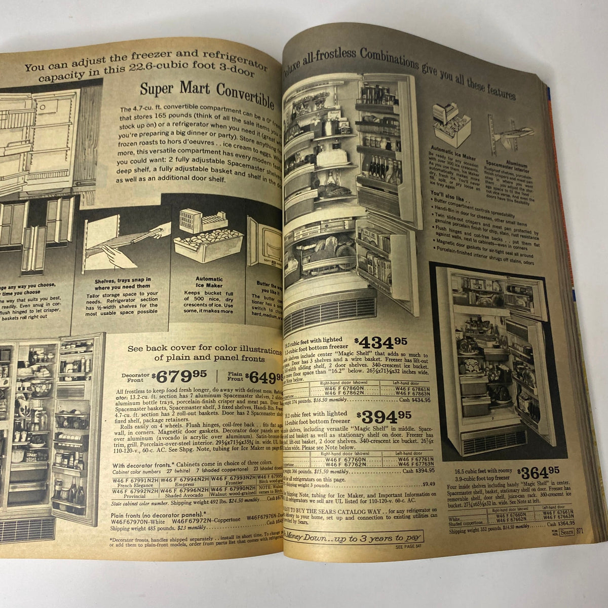 1967 Sears Fall and Winter Catalog displaying modern kitchen appliances, showcasing convertible refrigerator options and their innovative features.