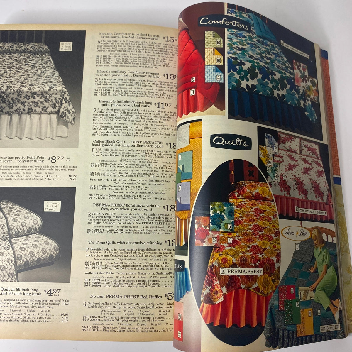 Interior pages of the 1967 Sears Fall and Winter Catalog, featuring various styles of comforters and quilts for home decor, with detailed pricing and descriptions.