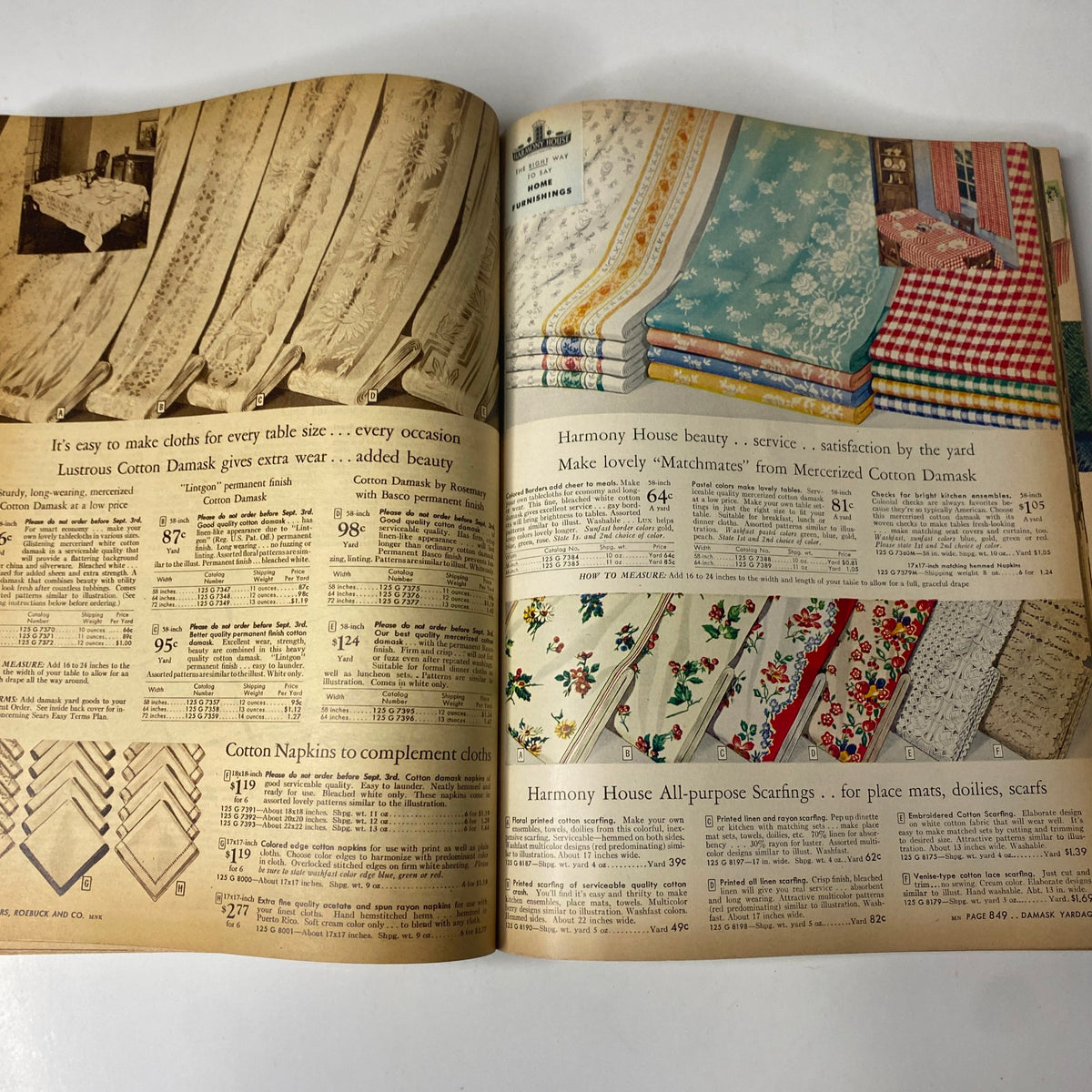 1946 - 1947 Sears, Roebuck and Co. Fall and Winter Catalog offering various tablecloths and cotton damask fabrics, perfect for home decor.