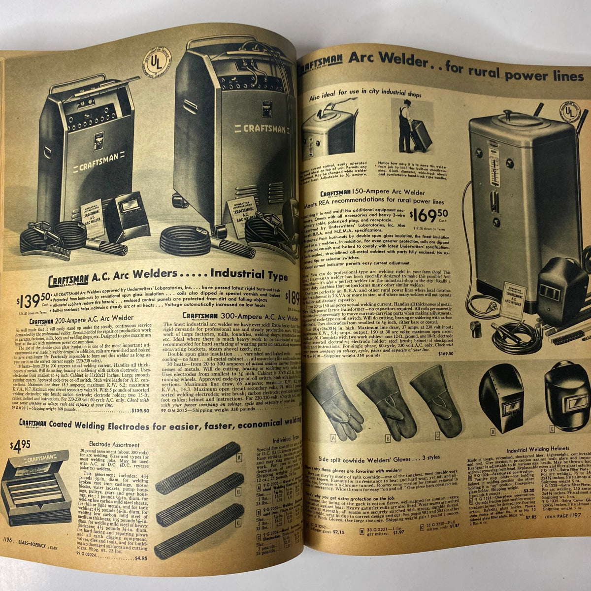1946 - 1947 Sears, Roebuck and Co. Fall and Winter Catalog displaying Craftsman arc welders and accessories, highlighting industrial tools available in the late 1940s.