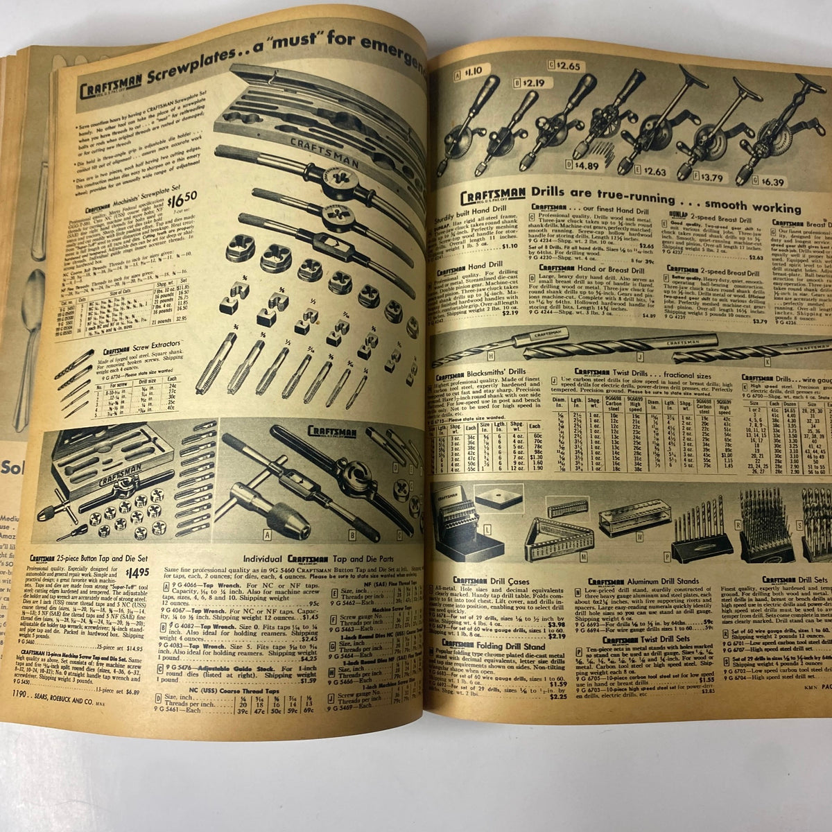 1946 - 1947 Sears, Roebuck and Co. Fall and Winter Catalog including Craftsman screwplates and drills, essential tools featured in the vintage hardware section.