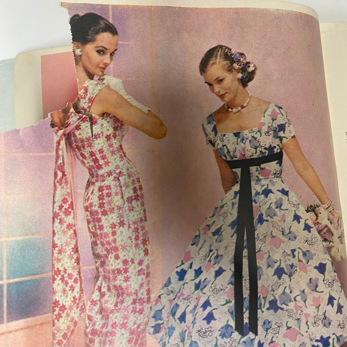 Illustration from the 1957 Sears Spring and Summer Catalog GD Interior highlighting floral and patterned evening dresses for women, capturing the essence of 1950s fashion.