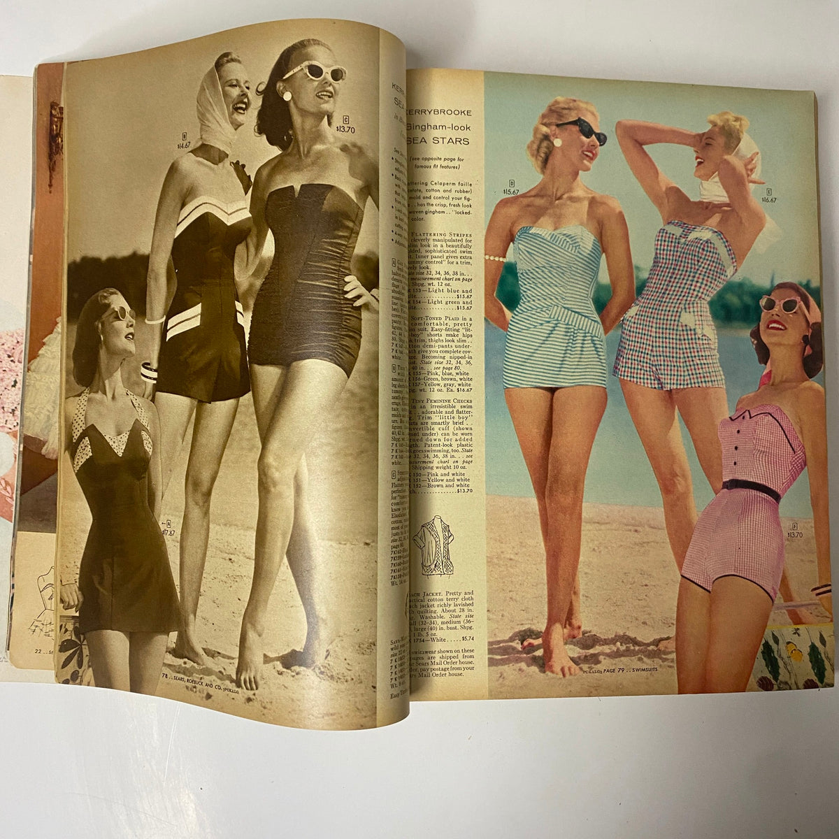 Image from the 1957 Sears Spring and Summer Catalog showcasing vintage swimwear styles on models, highlighting mid-century fashion trends.