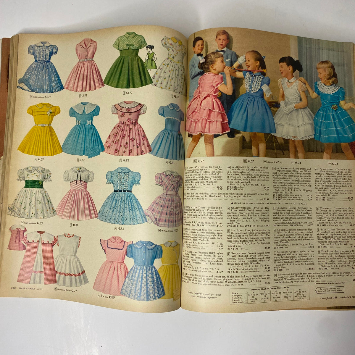 Illustration from the 1957 Sears Spring and Summer Catalog featuring a variety of colorful girls' dresses, reflecting 1950s children's fashion.