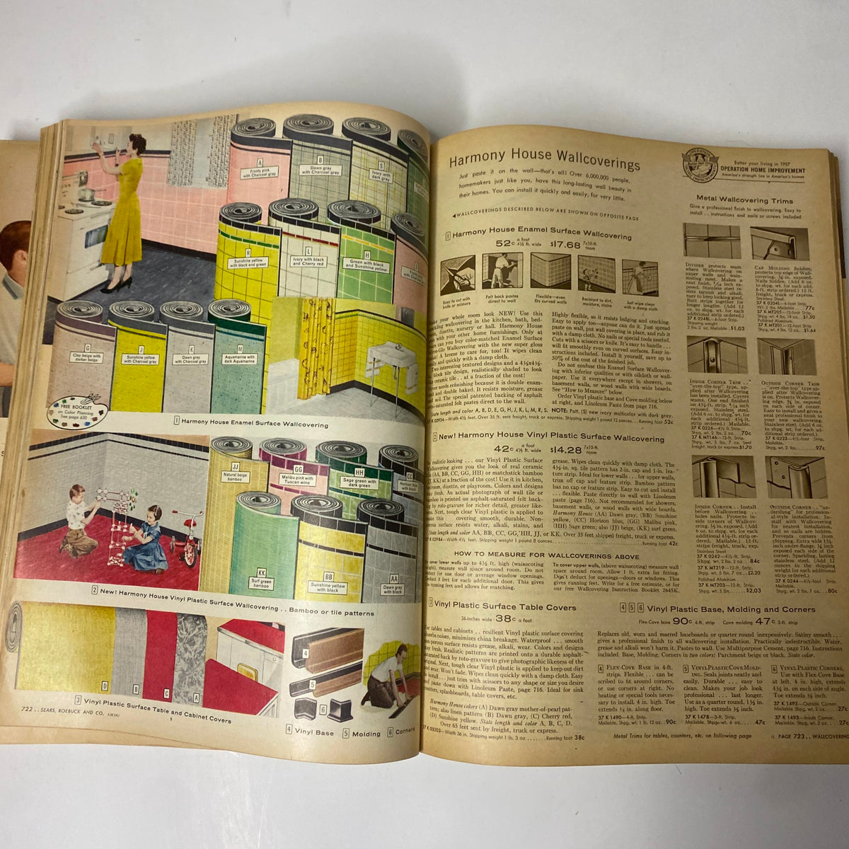 Illustration from the 1957 Sears Spring and Summer Catalog highlighting Harmony House wallcovering options, demonstrating home decor trends of the 1950s.