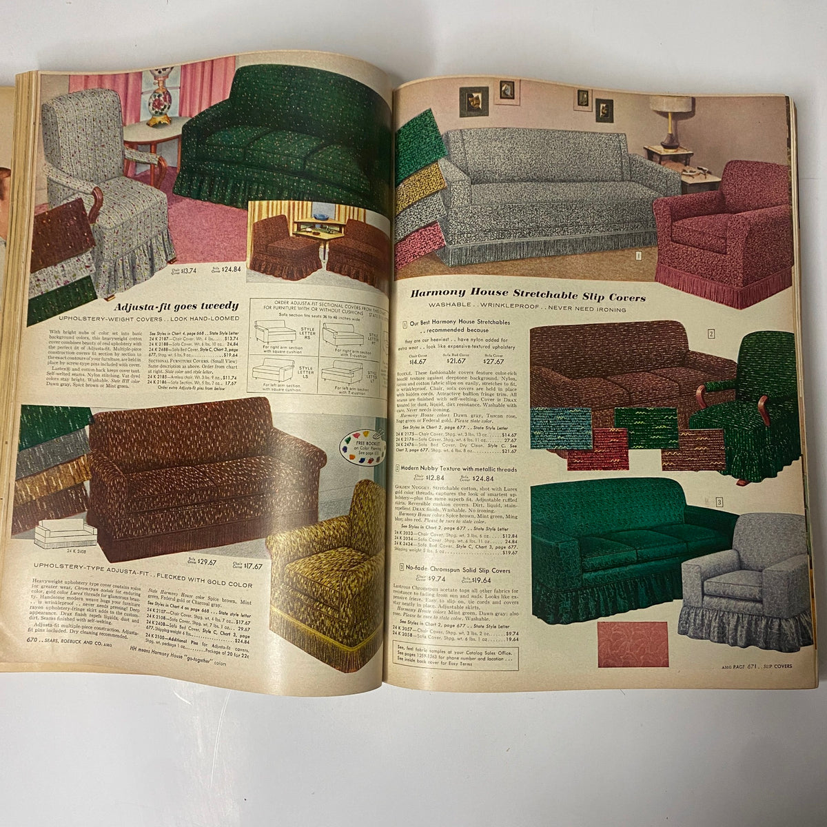 Page from the 1957 Sears Spring and Summer Catalog featuring Harmony House stretchable slipcovers, representing mid-century furniture solutions.