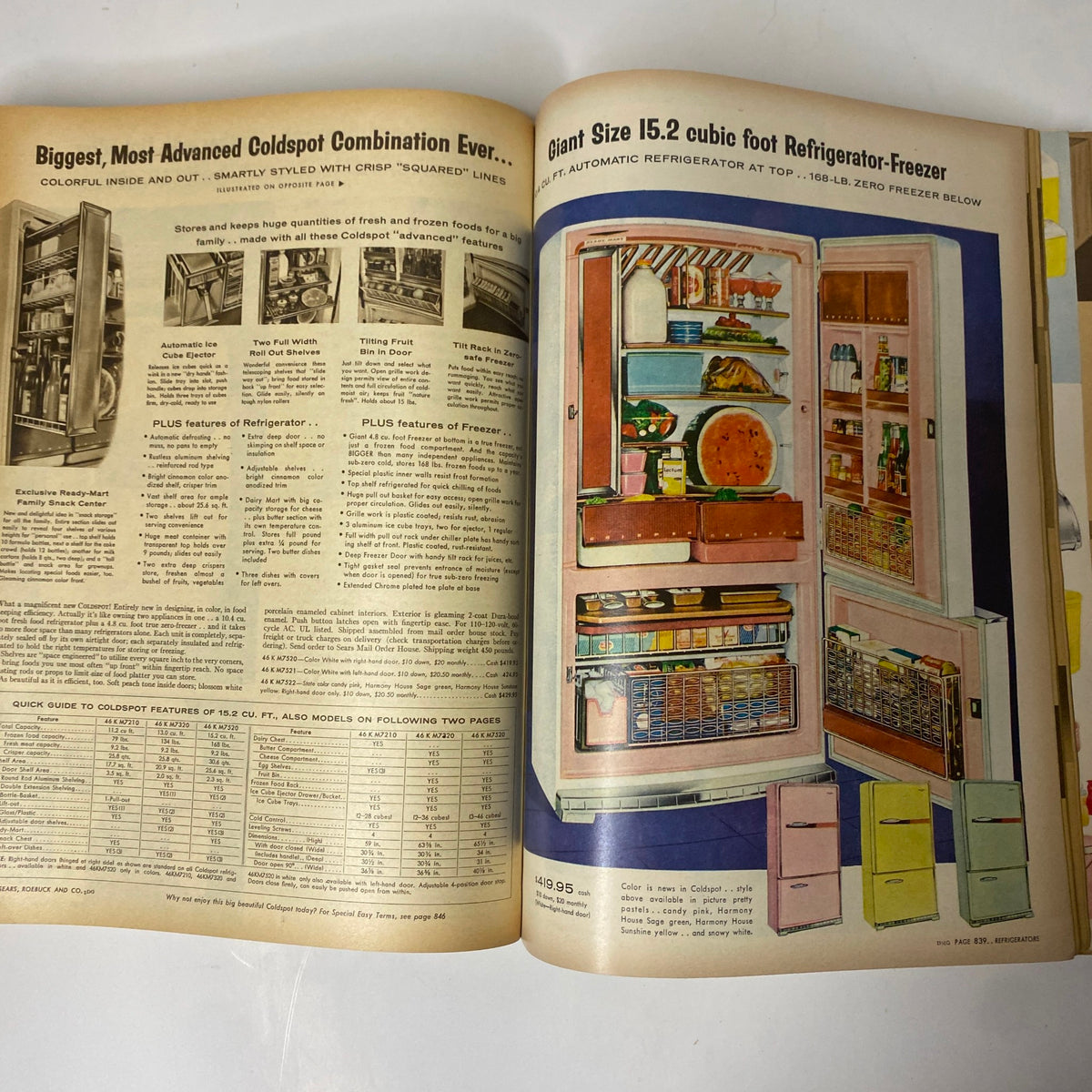 Interior pages from the 1957 Sears Spring and Summer Catalog showcasing the Coldspot combination refrigerator-freezer with various storage features and colorful design.