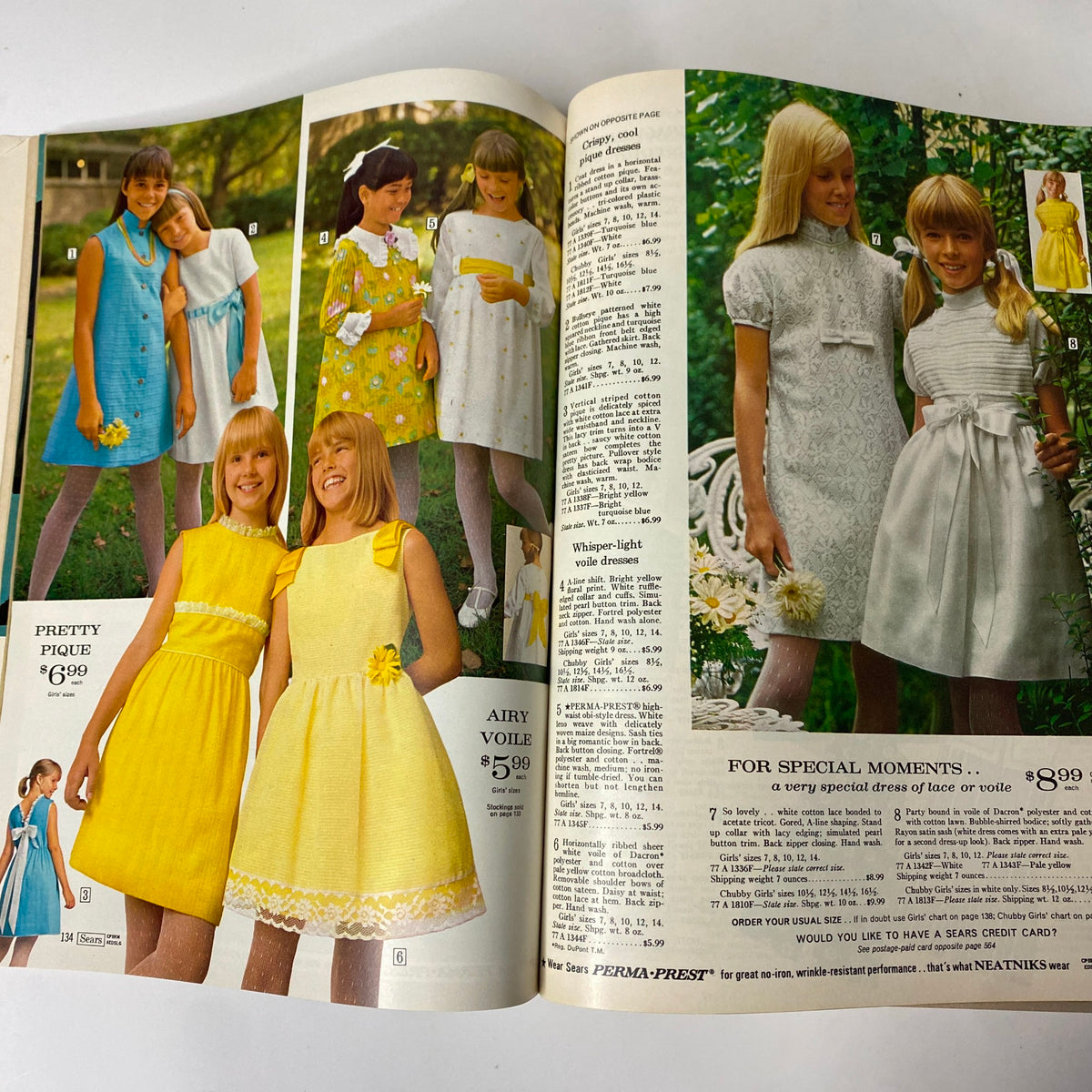 Image from the 1969 Sears Spring Through Summer Catalog featuring a variety of girls' dresses for special occasions, showcasing vibrant colors and floral patterns.