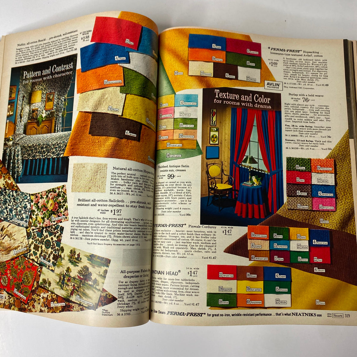 1969 Sears Spring Through Summer Catalog showcasing fabric samples and colorful home decor options with vibrant textiles for interior design.