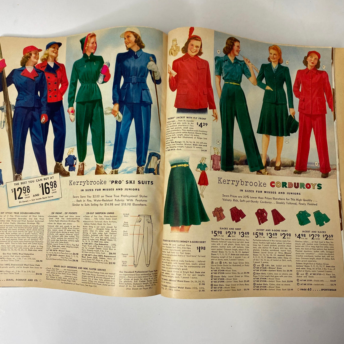 1941 - 1942 Sears Fall and Winter Catalog featuring Kerrybrooke 'Pro' ski suits and corduroy outfits, representing early 1940s winter fashion.
