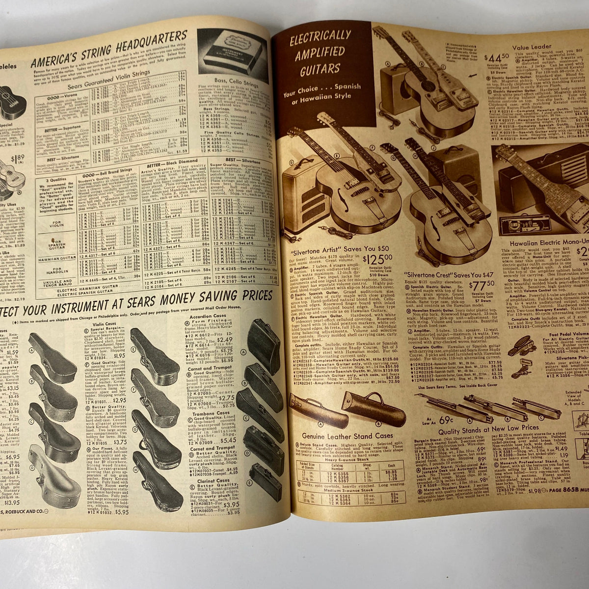 1941 - 1942 Sears Fall and Winter Catalog showcasing pages of electrically amplified guitars, including detailed pricing and descriptions of various models like Silverton Artists and Hawaiian Electric guitars.