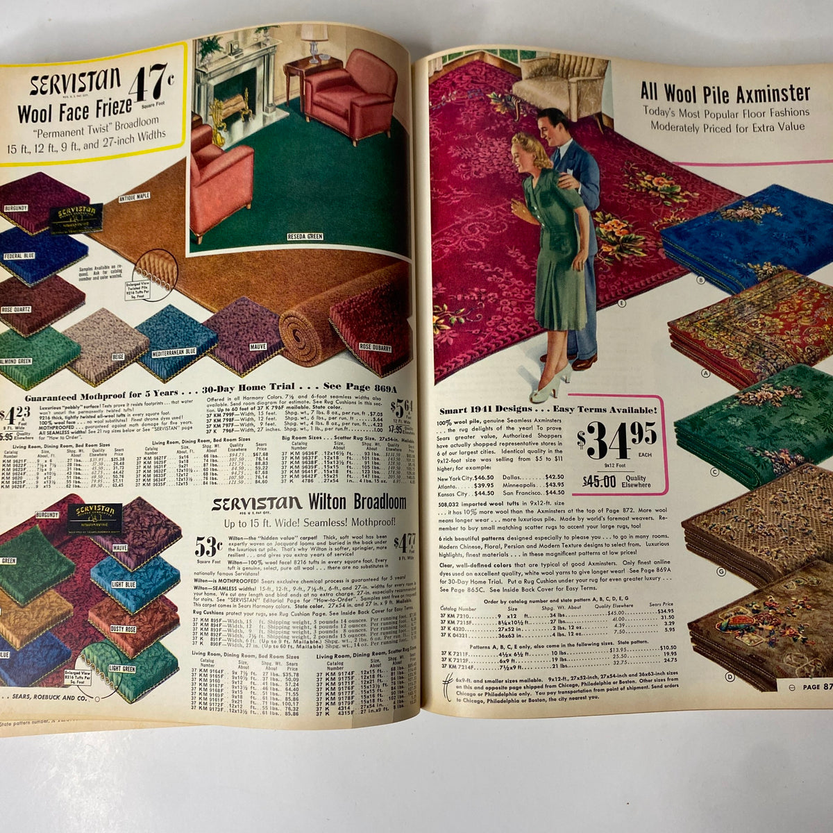 1941 - 1942 Sears Fall and Winter Catalog featuring pages with wool rugs and carpets, highlighting the Servistan brand with pricing and options for various floor covering designs and colors.
