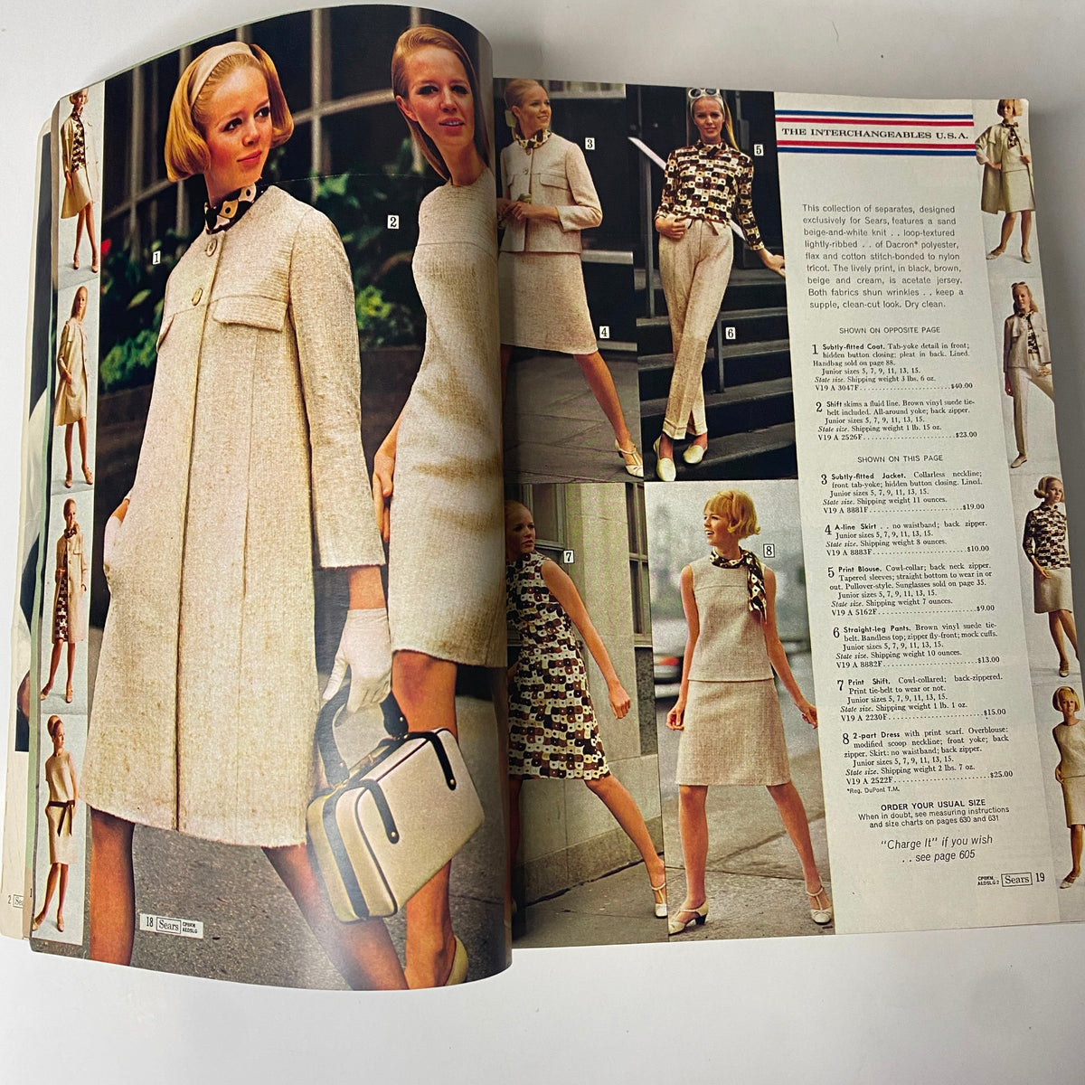 Interior page of the 1967 Sears Spring Through Summer Catalog displaying various mod-inspired outfits including dresses and accessories for women.