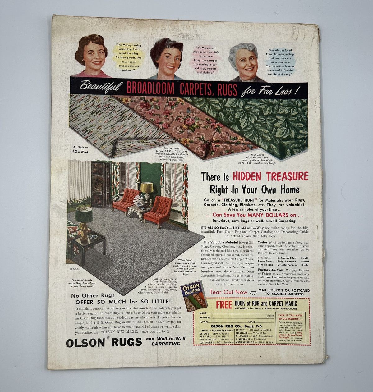 Back cover of Woman’s Home Companion Magazine January 1957 featuring advertisements for carpets and rugs, including Olson's Rugs, highlighting offers and decorative ideas for home interiors.