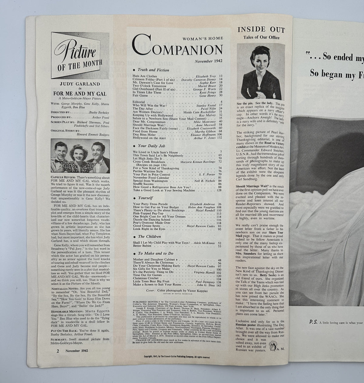 Inside content page of Woman’s Home Companion Magazine November 1942, including the Table of Contents with featured articles like Truth and Fiction and details on the magazine's offerings.