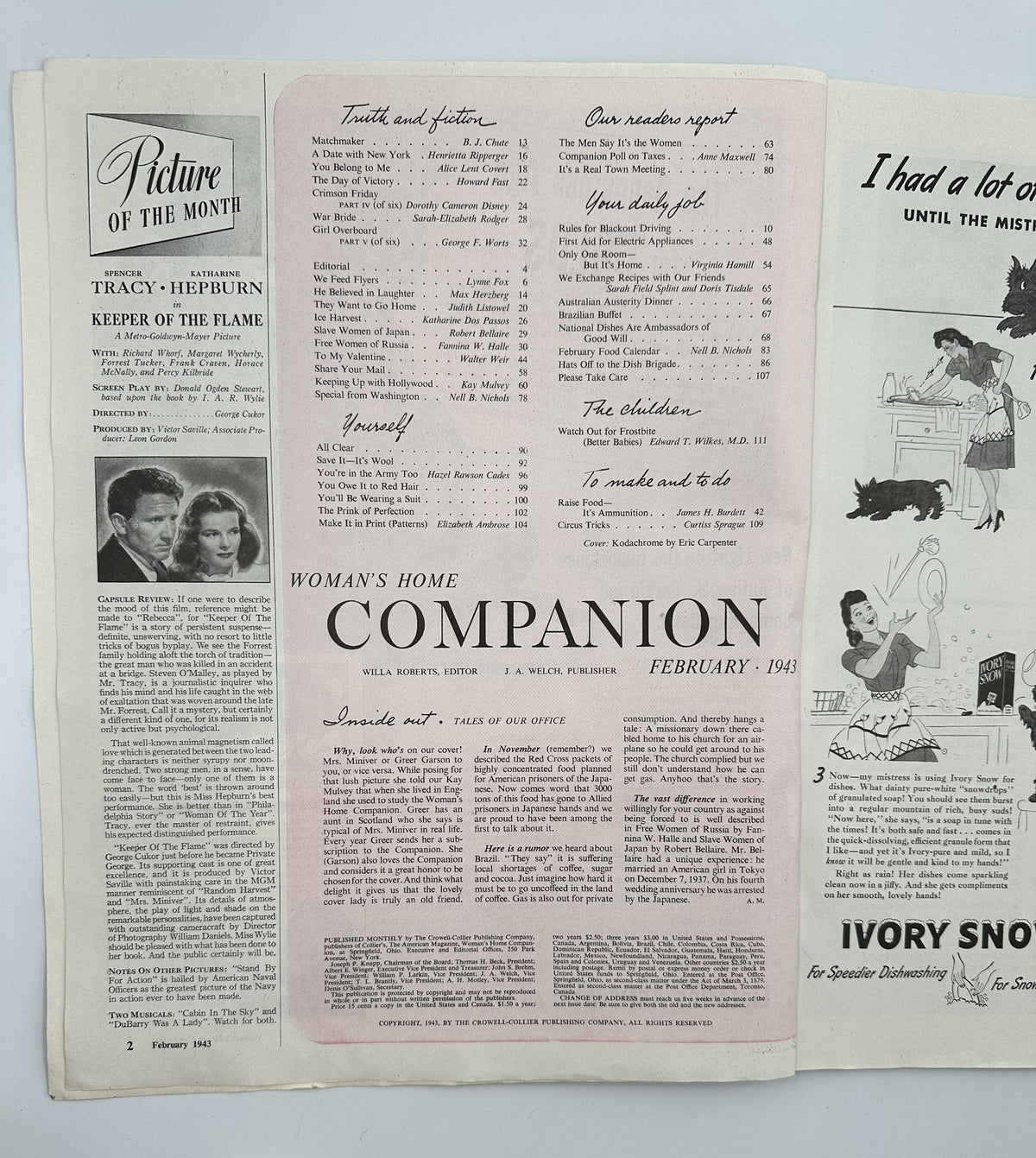 Inside page of Woman’s Home Companion Magazine February 1943 showcasing the Table of Contents and articles including 'Truth and Fiction.' The magazine features vintage typography and layout from the era.